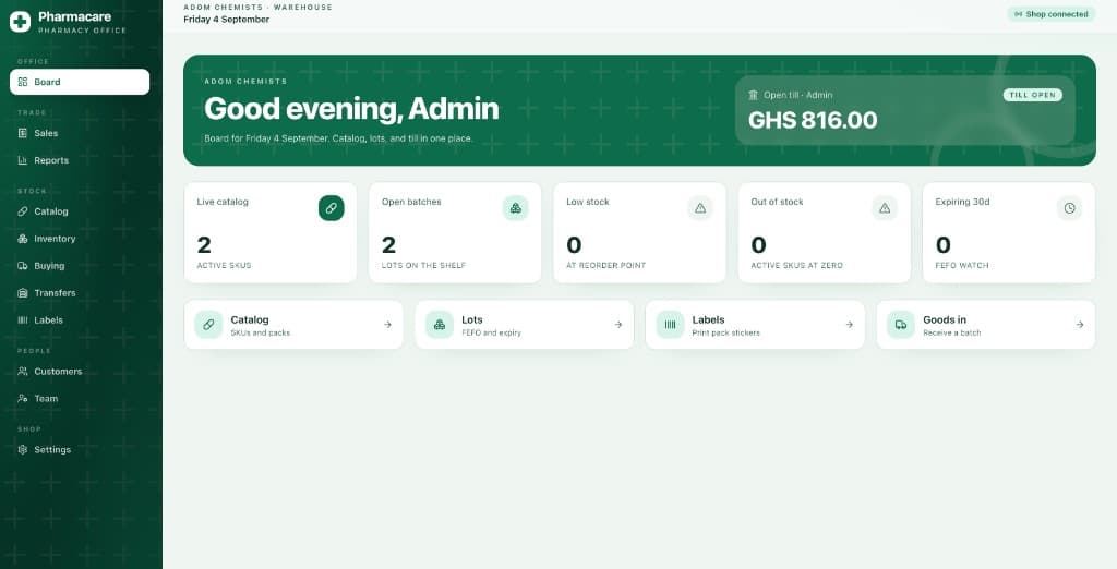 Pharmacare pharmacy office board with catalog and till overview