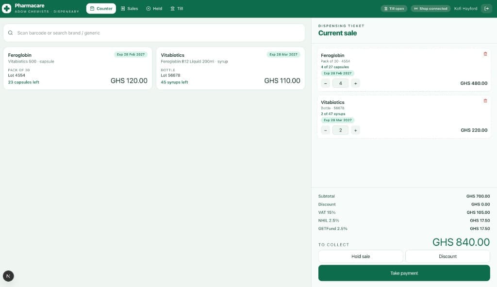 Pharmacare counter with product search and dispensing ticket